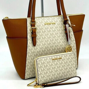 Michael Kors LG Charlotte Tote Bag & Large MF Flat Phone Case Wallet Vanilla
